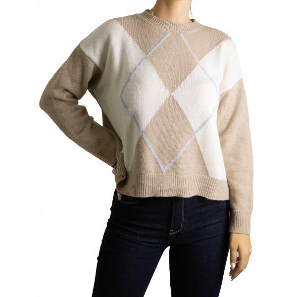 Maglione con rombi bicolore girocollo misto cashmere